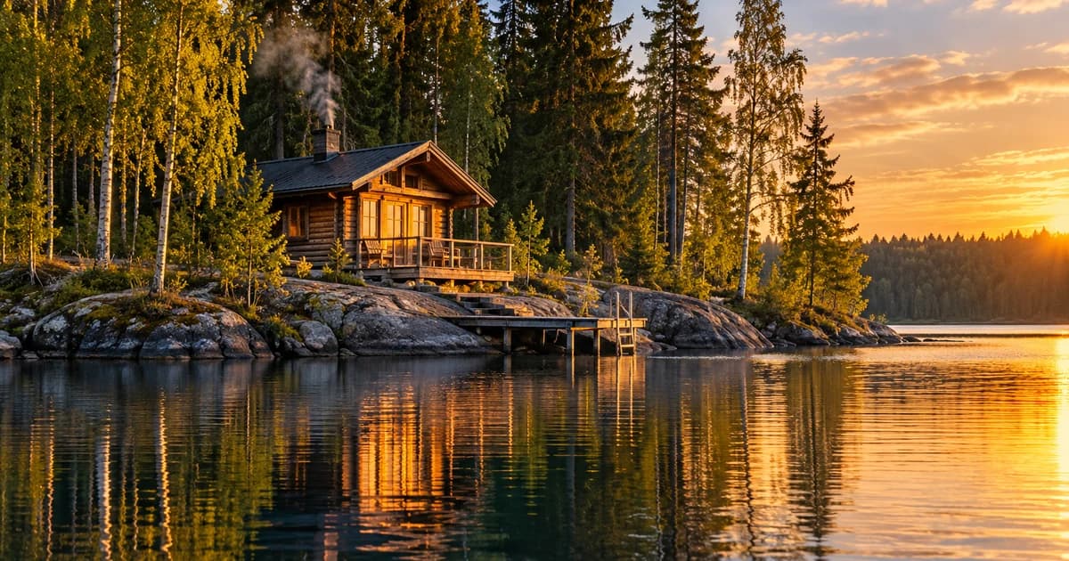 Illustration of a wooden lakeside sauna with a jetty at golden hour