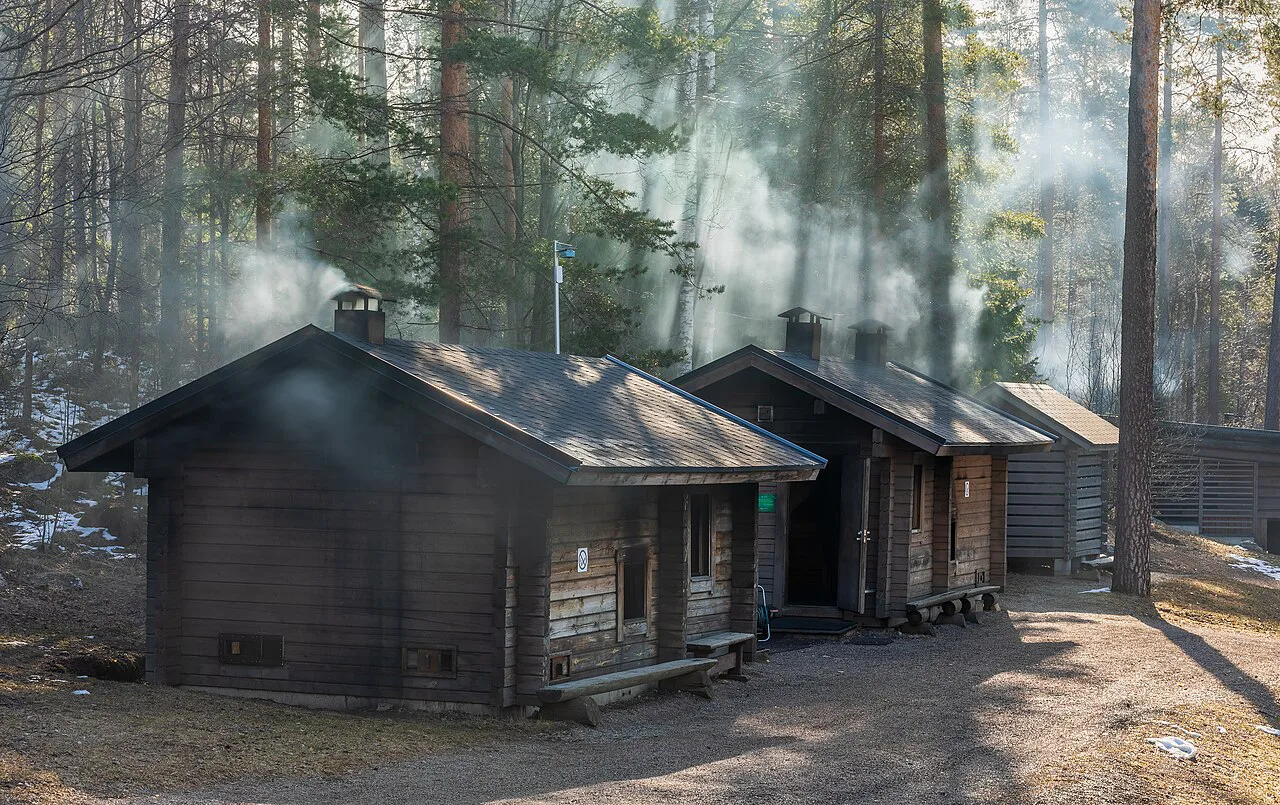 Kuusijärvi smoke saunas letting some smoke, Kuninkaanmäki, Vantaa, Finland, April